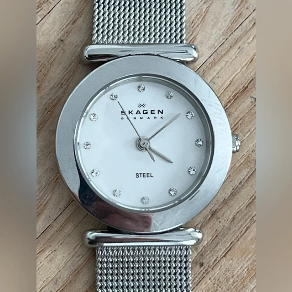 Skagen Steel Denmark Ladies Watch Stainless Steel Mesh Bracelet Crystal Markers